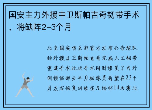 国安主力外援中卫斯帕吉奇韧带手术，将缺阵2-3个月